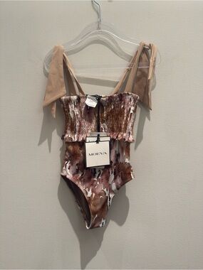 MOEVA Ilaria Brown and Tan Floral Abstract Tie Shoulder One-Piece 3/4 Years